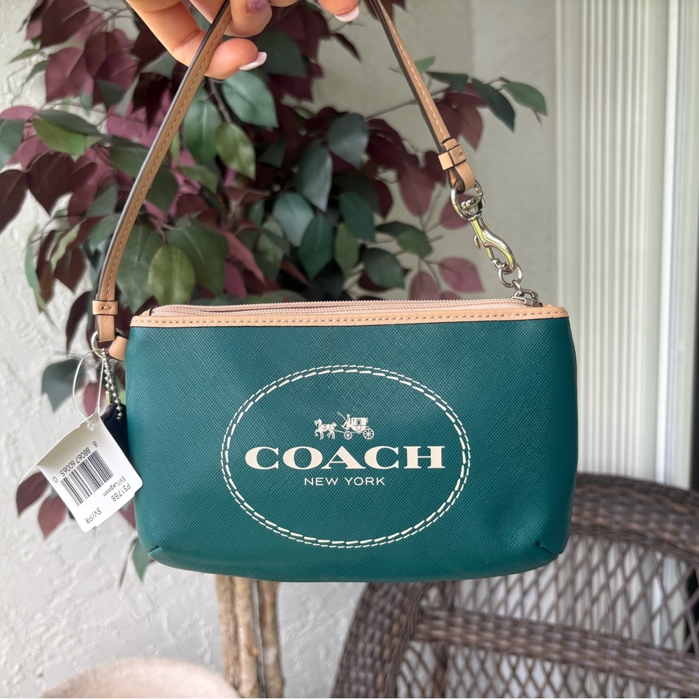 NWT Coach Green Wristlet with Tan Accents